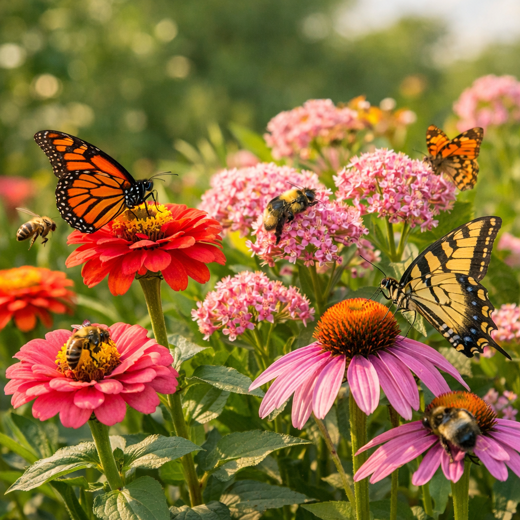 Pollinator garden with zinnias and coneflowers visited by monarch and swallowtail butterflies and bees