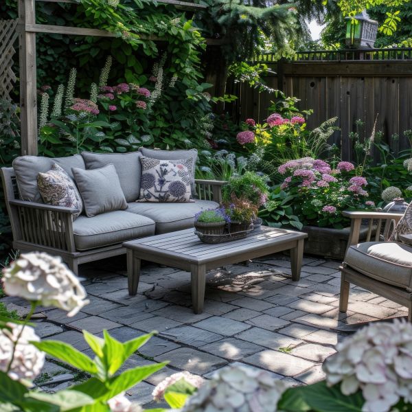 Patio seating area with a settee surrounded by multiple potted plants arranged around the space.
