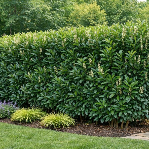 Dense Schip Laurel hedge with glossy dark green leaves forming a tall, uniform privacy screen in a landscaped garden.