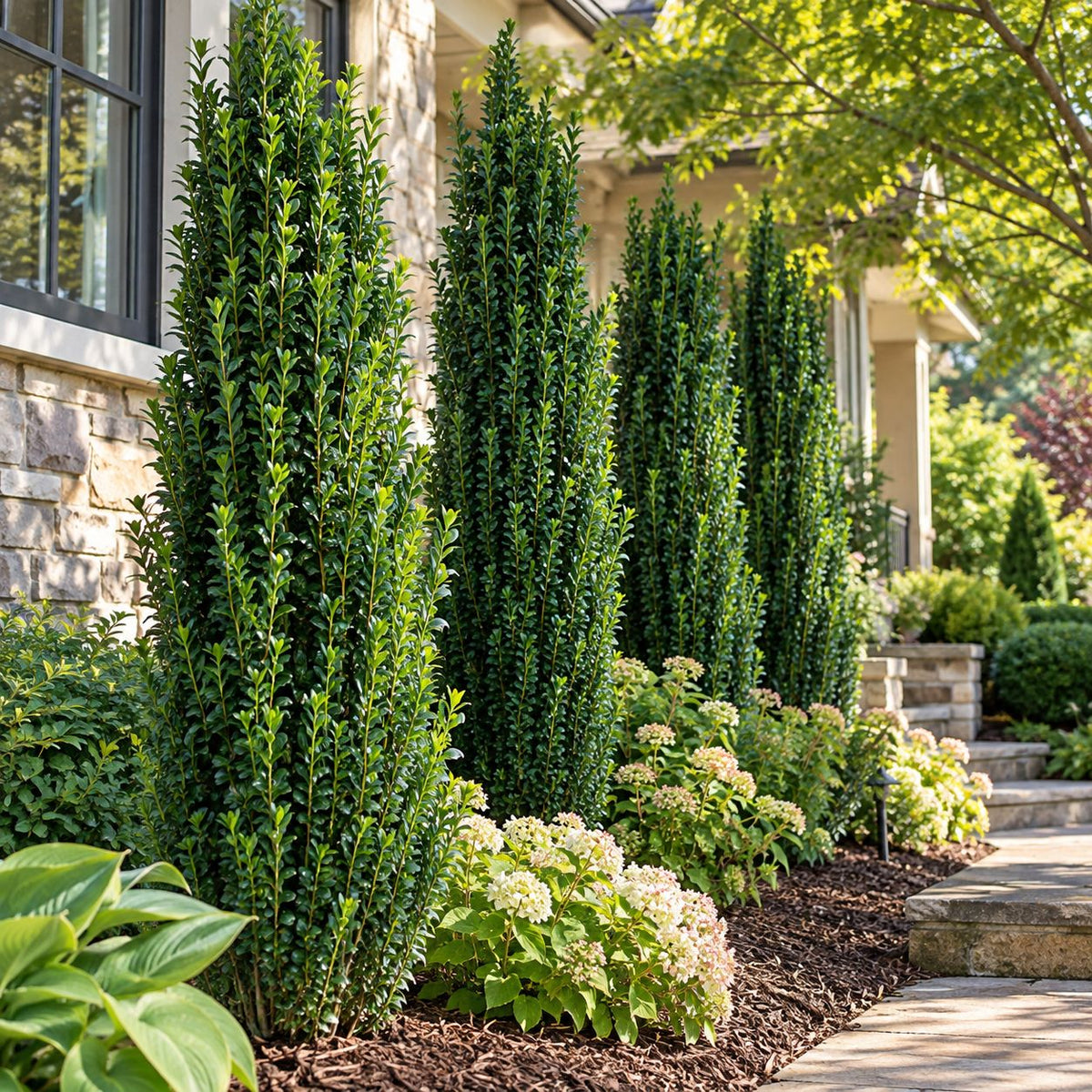 Sky Pencil Holly shrubs with narrow upright evergreen growth planted in a landscaped garden beside a home