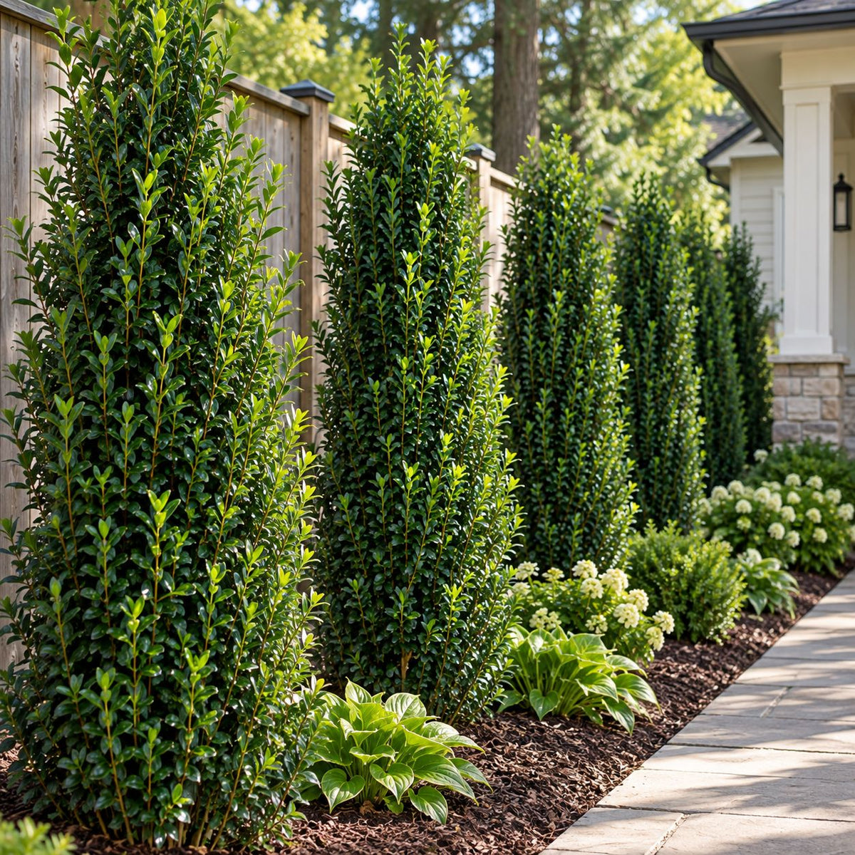 Row of Sky Pencil Holly shrubs creating a narrow evergreen screen along a residential walkway and fence