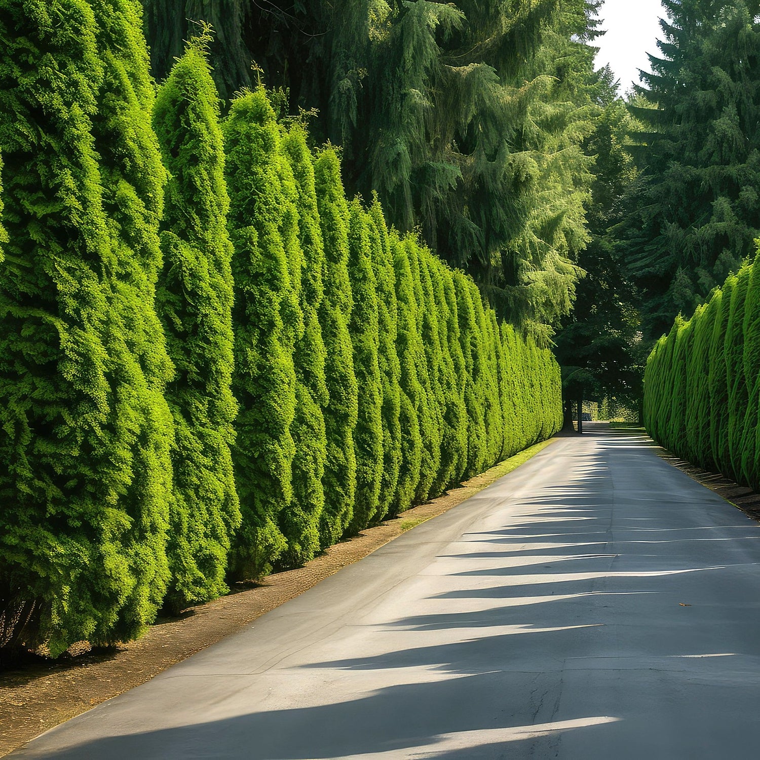 Straight pathway bordered by tall, dense evergreen trees forming a natural privacy screen.