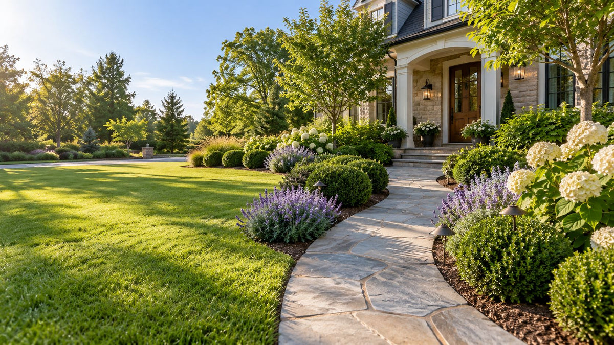 Lush front yard landscaping featuring manicured garden beds, blooming hydrangeas, Russian sage, and a stone walkway leading to a classic American home