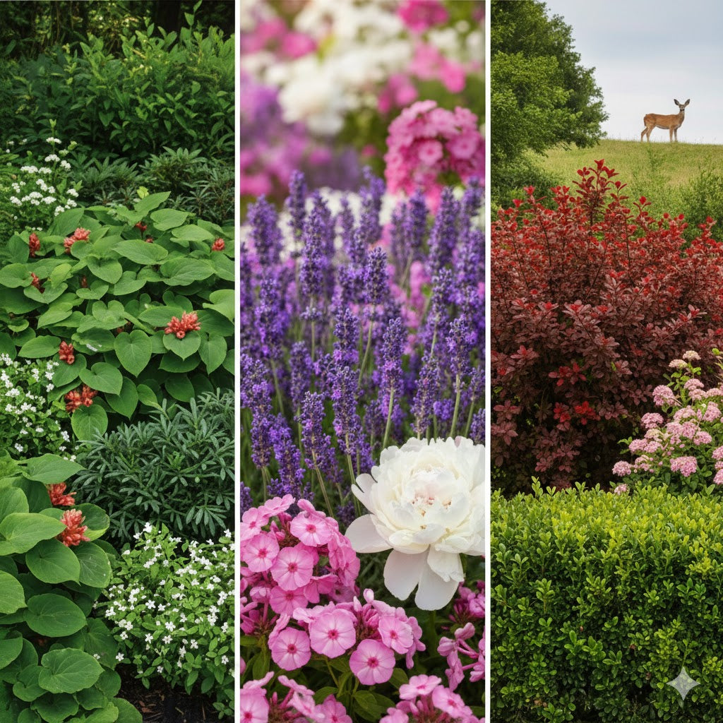 A vertical collage of three garden scenes: the left shows lush green hostas and red flowers; the center features purple lavender, pink phlox, and a white peony; the right displays a red barberry bush and pink hydrangeas with a deer on a grassy hill in the background."