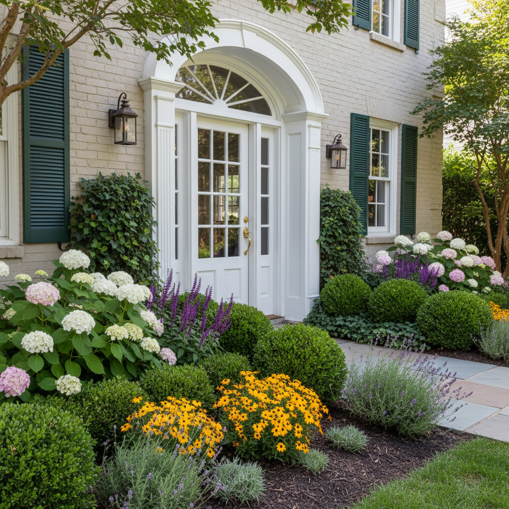 Front entrance of a house with neatly arranged shrubs and foundation plants along the walkway.