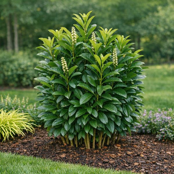 Single Schip Laurel shrub with glossy dark green leaves and light green new growth planted in a mulched garden bed.