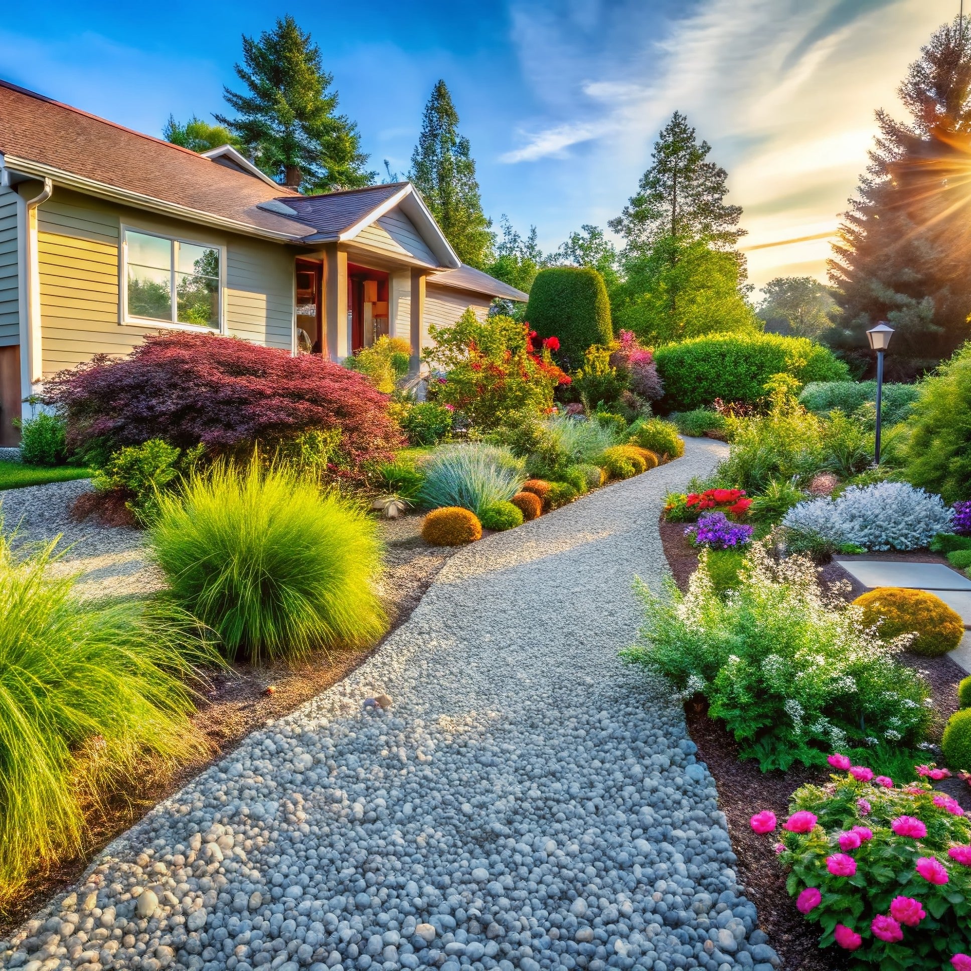 Garden pathway surrounded by dense plantings of colorful perennial flowers and mixed greenery.