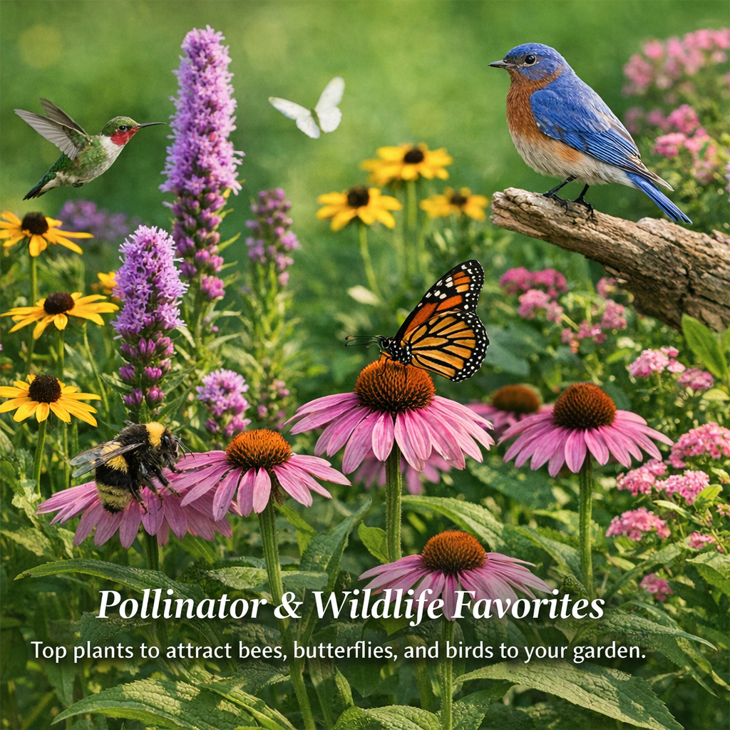 Pollinator garden with flowers and wildlife