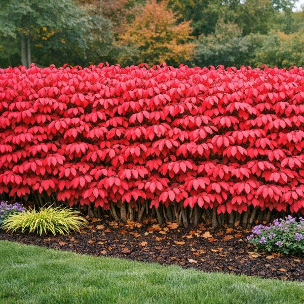 Dense Burning Bush hedge with bright red fall foliage and natural woody stems at the base in a landscaped garden.