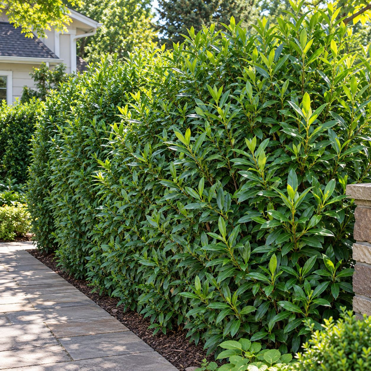 Mature Schip Laurel evergreen privacy hedge with glossy green foliage planted along a residential stone walkway