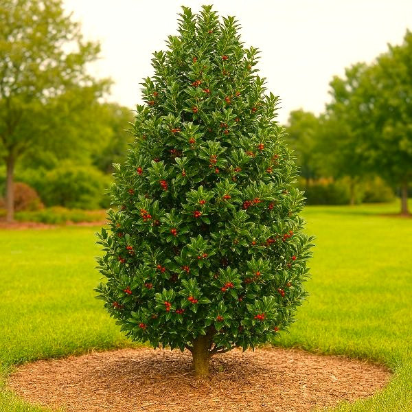 Nellie Stevens Holly tree with dense green foliage and red berries in a landscaped garden setting.