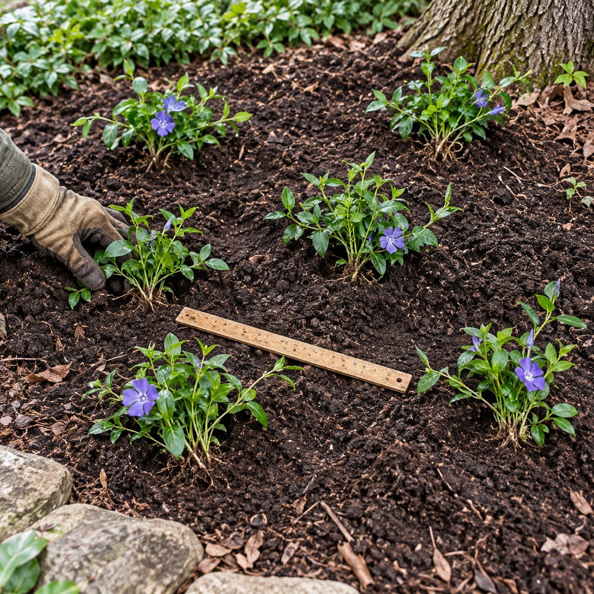 Vinca minor plants spaced 12 inches apart in prepared garden soil with a wooden ruler and gardener’s gloved hand for scale.”
